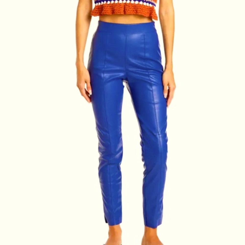 High-Rise Blue Faux Leather Skinny Pants